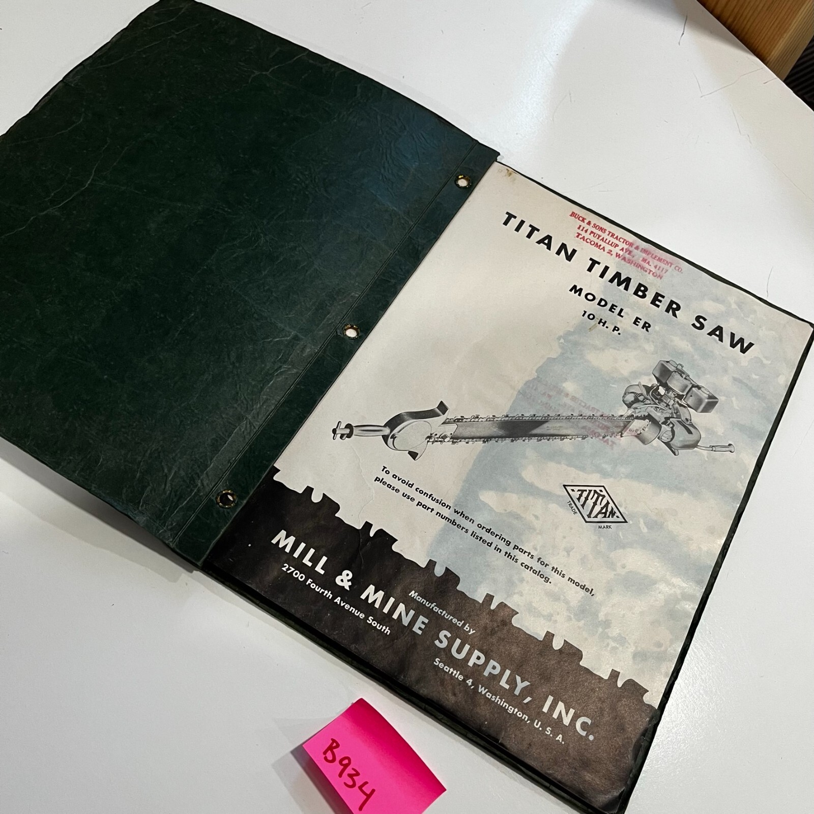 ANTIQUE Titan Timber Saw MODEL ER 10 HP parts catalog manual